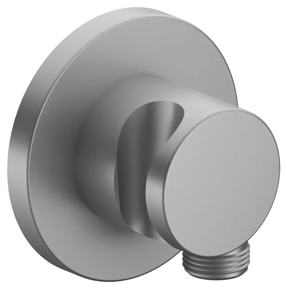 Schlauchanschluss von Keuco, rundes Design mit einem Brausehalter und einem gewindeartigen Anschluss, in Aluminium-Finish, an der Wand montiert.
